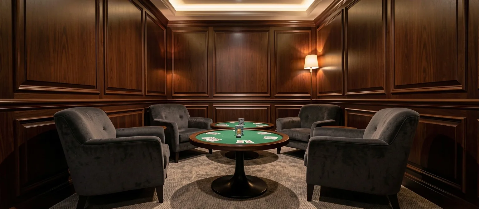 A póker lounge esti fényei és intim klubatmoszférája