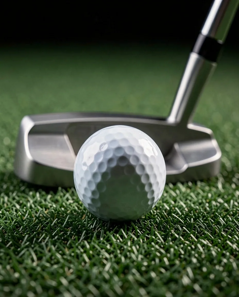 Putter ütő és prémium golf labda beállítása beltéri tesztpályán